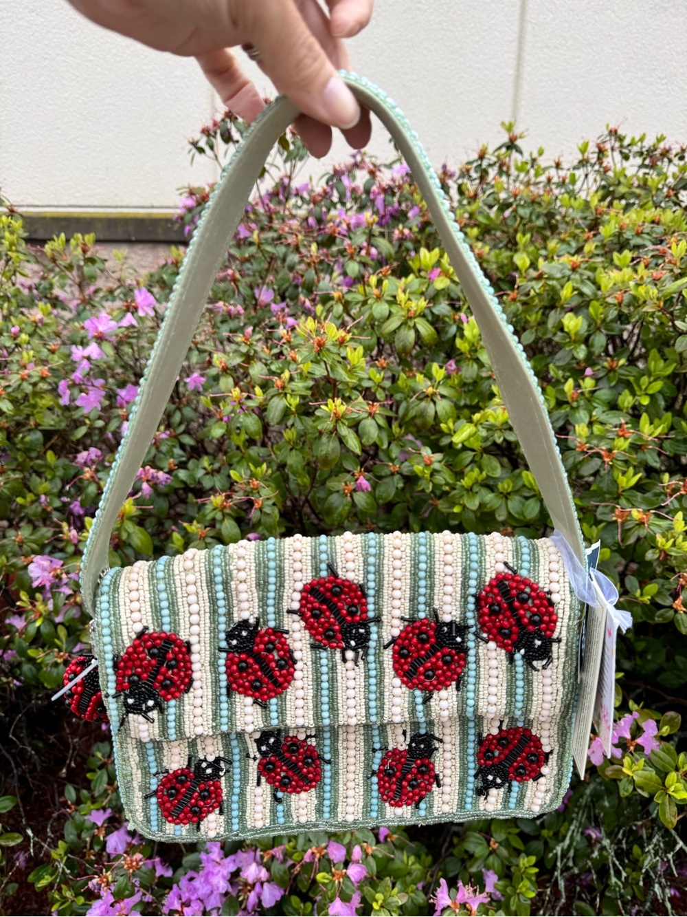 Mint Beaded Shoulder Bag with Red Ladybug Motif